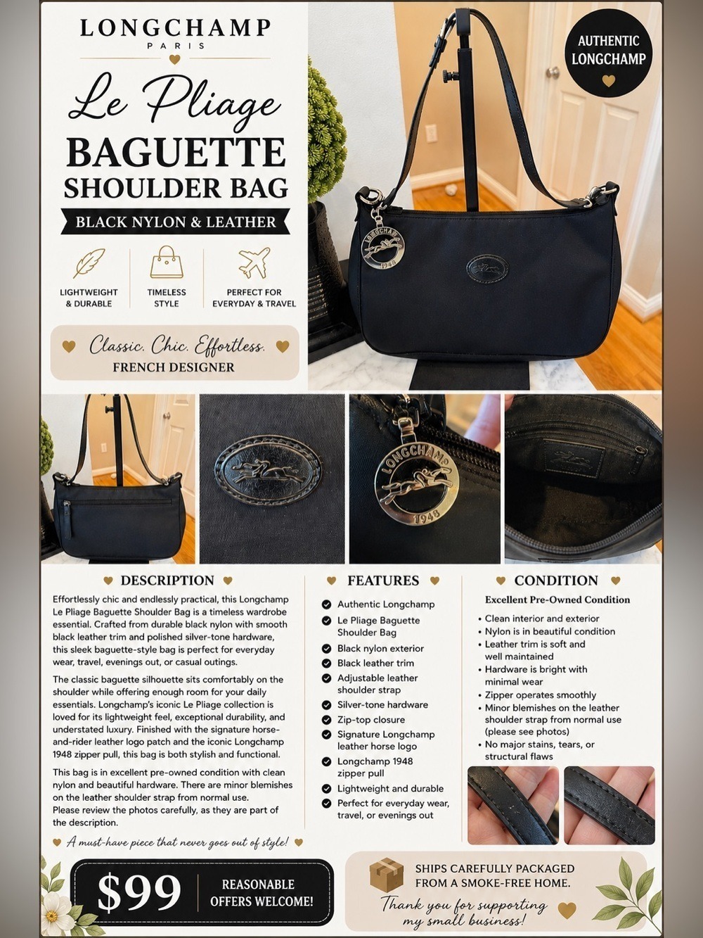 Longchamp Le Pliage Baguette Shoulder Bag | Black Nylon & Leather